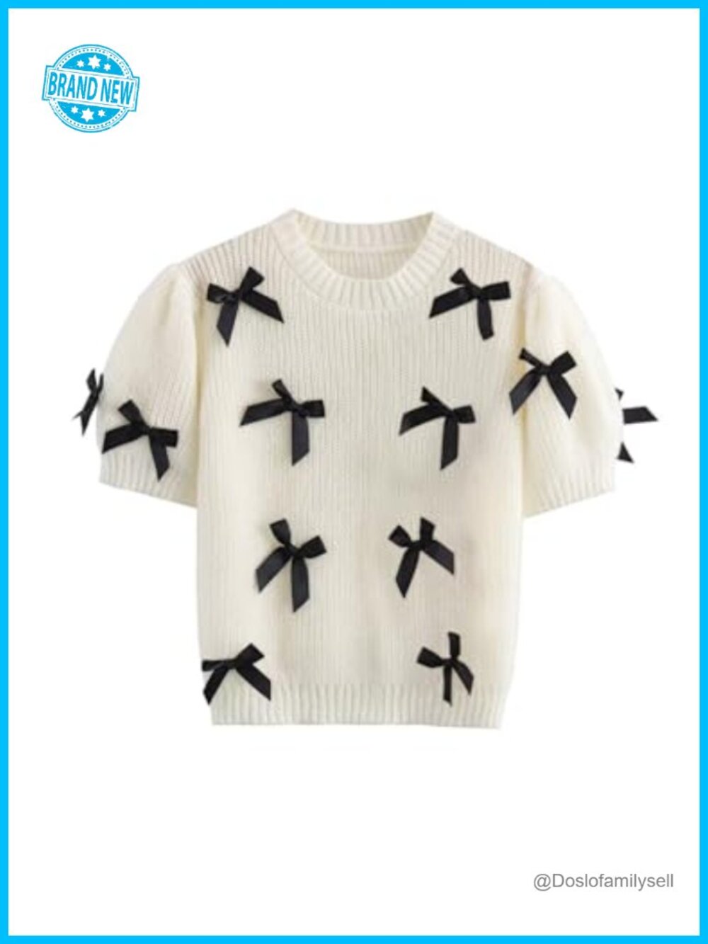 Cropped Short Sleeve Knit Sweater with 3D Bow Puff Sleeve Crewneck